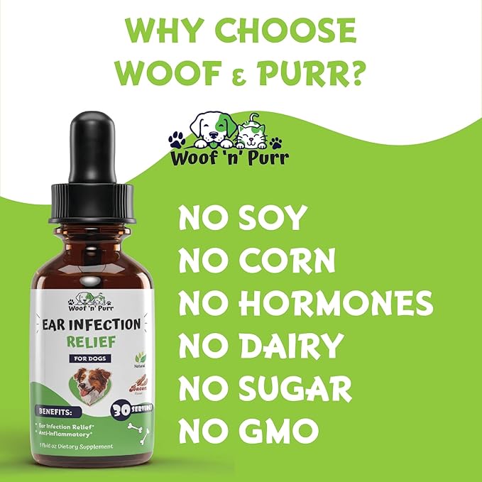 Woof 'n' Purr Natural Dog Ear Cleaner and Infection Treatment for Dogs - Dog Drops for Itching, Irritation, & Redness - Ear Infection Treatment for Dogs - 1 fl oz - Bacon Flavor