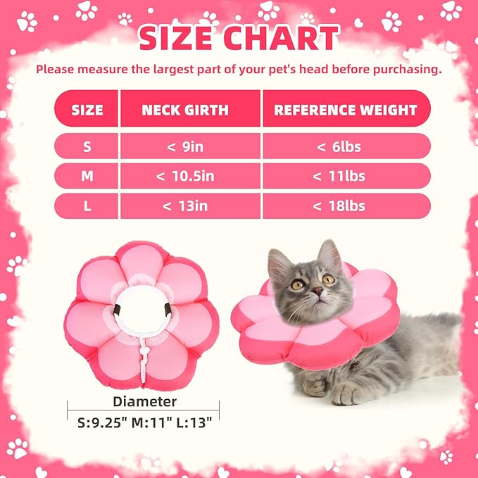 PUPTECK Cat Cone Collar Soft, Adjustable Protective Recovery Flower Collar Alternative, Comfortable Elizabethan Cat Collar Lightweight Stop Licking Neck Cone for Cats After Surgery, Pink, S