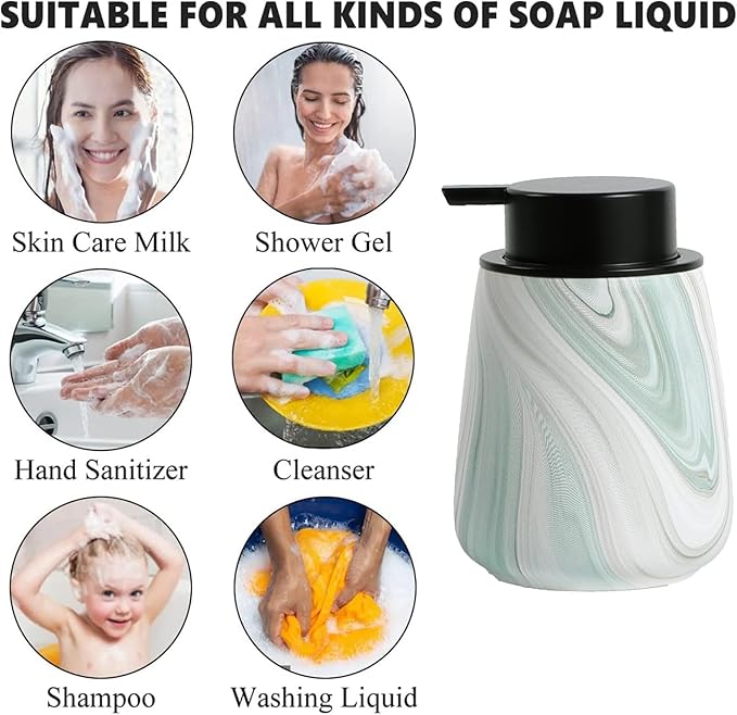 12Oz Foam Hand Soap Dispenser - Modern Ceramic Foaming Soap Dispenser with Easy-to-Press Pump, Reusable and Refillable Liquid Dish Soap Dispensers for Bathroom & Kitchen, Marble Green
