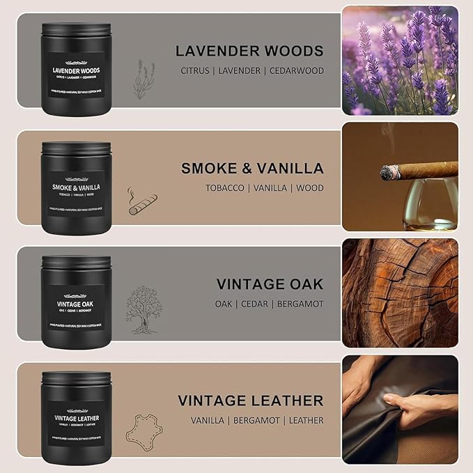 Scented Candle Set, Men Candle Set, Scented Candles for Home, Gifts for Men, 4 Pack Manly Christmas Candles Gifts for Mens Scents of Smoke Vanilla/Leather/Oak/Lavender Wood