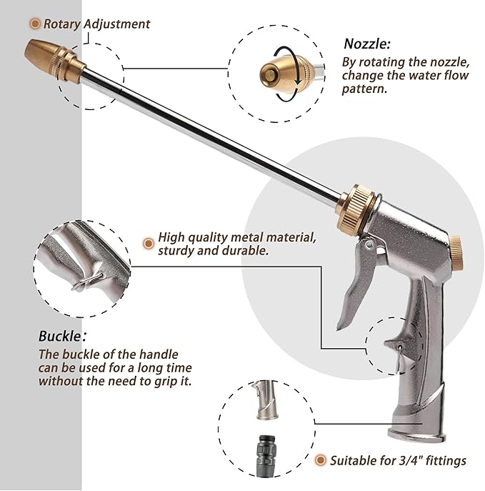 High Pressure Garden Hose Nozzle Sprayer with 3.5oz Plastic Soap Dispenser Bottle, Heavy Duty Car Wash Foam Gun, Adjustable Nozzle for Gardening, Solar Panel Cleaning, Pet Showering (Silver)