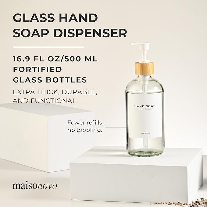 MaisoNovo Glass Hand Soap Dispenser | Dish Soap Dispenser for Kitchen | 16.9oz Clear Bottles with White Bamboo Pump | Bathroom Lotion Dispenser
