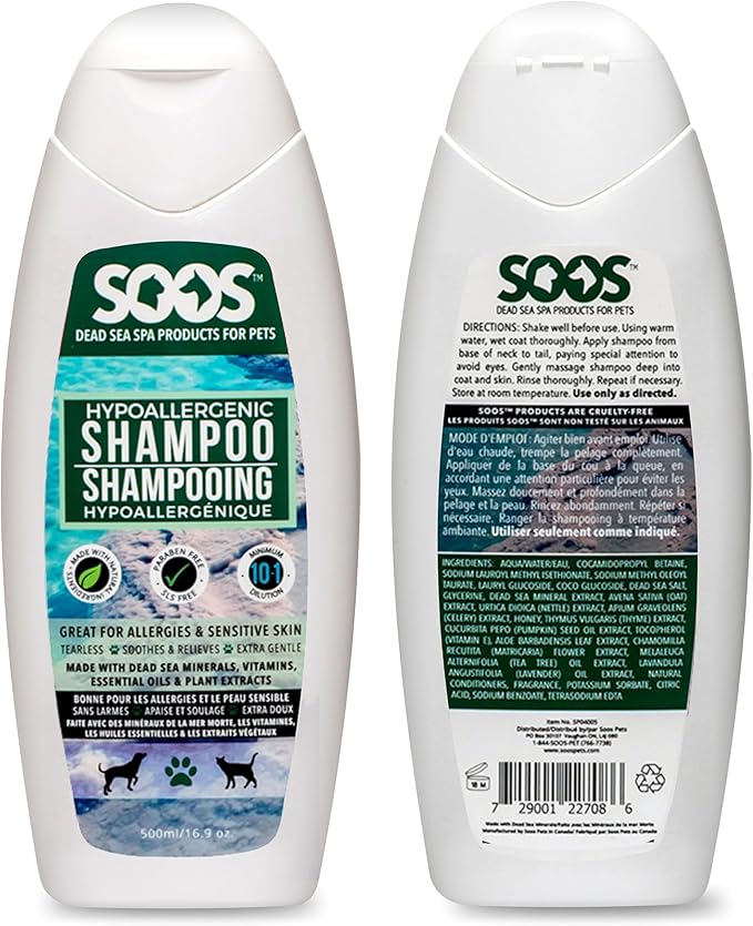 Soos Pet Dog Shampoo for Cats and Pets Hypoaller-genic Natural Dead Sea Minerals Fast Absorbing with Vitamins Essential Oils Natural Elements Antiba-cterial - 1x Pet Shampoo (500ml)