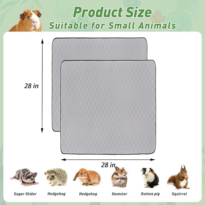 2 Pack Guinea Pig Cage Liners, 28'' X 28'' Washable Guinea Pig Pee Pads, Non Slip Reusable Super Absorbent Guinea Pig Training Mat Bedding Fleece for Small Animals Hamster Rabbit Chinchilla Rat