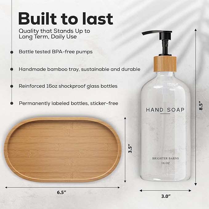 Clear Glass Hand and Dish Soap Dispenser Set by Brighter Barns - Kitchen Soap Dispenser Set with Bamboo Tray - Modern Kitchen Decor, Minimalist Decor (Clear)