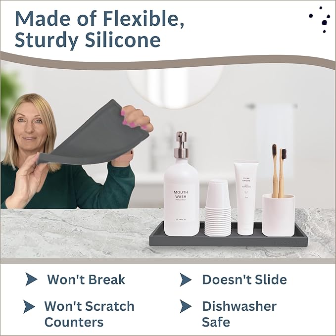 Countertop and Vanity Tray - 11.7" Silicone Bathroom Tray Countertop, Dish Soap Trays for Kitchen Counter, Sink Organizer Caddy Accessories, Toilet Plant Shower Makeup Mat Oil Holder