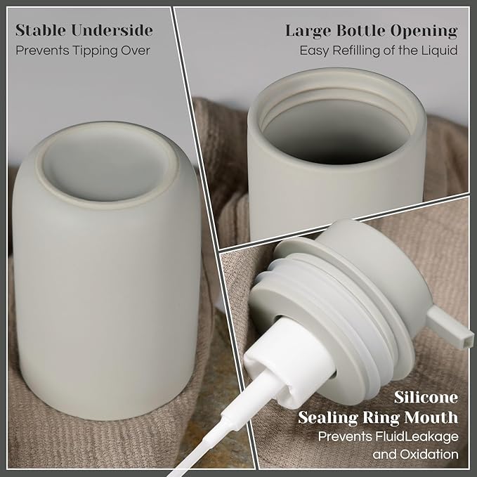 INGOFIN Ceramic Foaming Soap Dispenser Set, 2 Pack (12 oz) Bathroom Foam Hand Soap Dispenser with Pump, Hand and Dish Dispenser Set with 8 Pcs Clear Stickers,for Kitchen- Grey