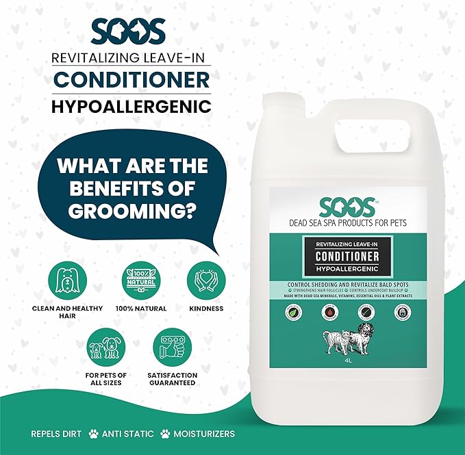 Soos Pets Pet Conditioner Natural Dead Sea Hypoaller-genic Revitalizing Leave-in Deeply Absorbing with Vitamins Essential Oils Natural Elements for Dogs and Cats - 1x Pet Conditioner (4L / 1.32 gal)