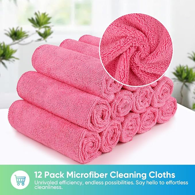 HOMEXCEL Pink Microfiber Cleaning Cloth, 12 Pack Premium Microfiber Towels for Cars, Lint Free, Scratch-Free, Highly Absorbent, Reusable Cleaning Rags for Car, Household, Kitchen, Window, 11.5"X11.5"