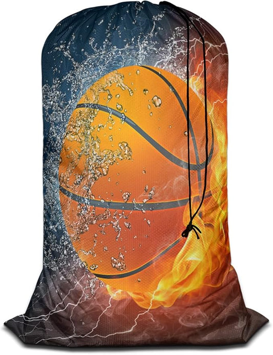 Swono Travel Laundry Bag, Basketball Ball In Fire Water Sport Spark Lightening Game Machine Washable Dirty Clothes Organizer, Large Enough to Hold 4 Loads of Laundry, Easy Fit a Laundry Hamper or