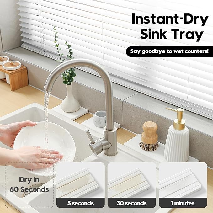 3 Pack Stone Dryin Tray, Water Absorbing Diatomite Stone Sink Mat for Kitchen & Bathroom Counter, Soap Dish Vanity Caddy,Sponge Holder Organizer, White - 2pcs of 4.5"x 3.5" and 1pc of 9"x 3.5"