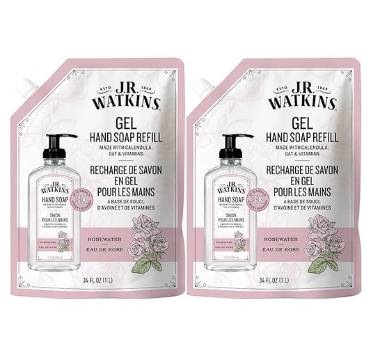 J.R. Watkins Gel Hand Soap Refill, Moisturizing Hand Wash, Formulated with Plant-Based Cleansers, Alcohol-Free, Cruelty-Free, Rosewater, 34 Fl Oz, 2 Pack