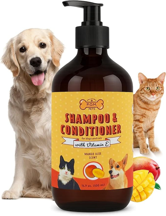 POM Pets 2-in-1 Organic Dog Shampoo & Conditioner – Itchy Skin Relief, Dog Deshedding, Detangles Fur, Cat Shampoo, Paw Cleaner for Dogs, Natural Coat Defense Formula