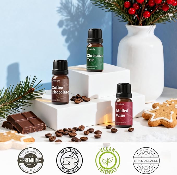 Fragrance Oil Holiday Set, Aromtopia Essential Oils for Candle Soap Making, 6x10ml, Diffuser Oils Scents, Winter Fragrance Oils, Christmas Tree, Coffee Chocolate, Black Cherry, More
