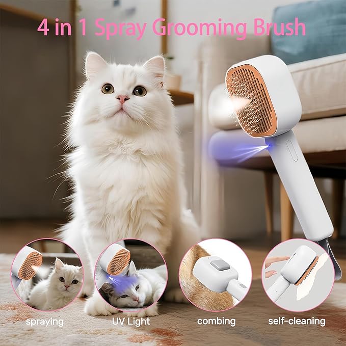 Pet Steam Brush for Cats, 4 in 1 Cat Brush for Long Haired Cats Kittens Dogs for Shedding Grooming Massage Self Cleaning (White Orange)