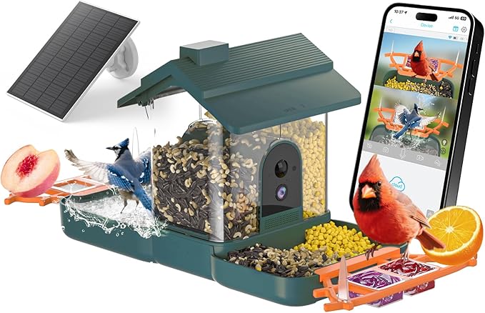 2-in-1 Bird Bath and Bird Feeder with Cameras Solar Powered 2K Dual Cameras Birds Feeder and Bath for Outside Yard Garden, Gift for Dad Mom Kids (Deep Blue + Orange)