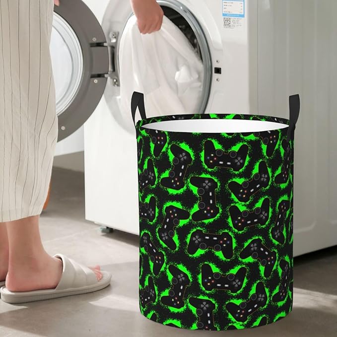 Game Joystick Laundry Hamper Bag With Waterproof Liner - Gamer Gamepad Round Laundry Basket Foldable Clothes Storage Organizer For Bathroom Bedroom Nursery Dorm, M-19.6"X 15.7"