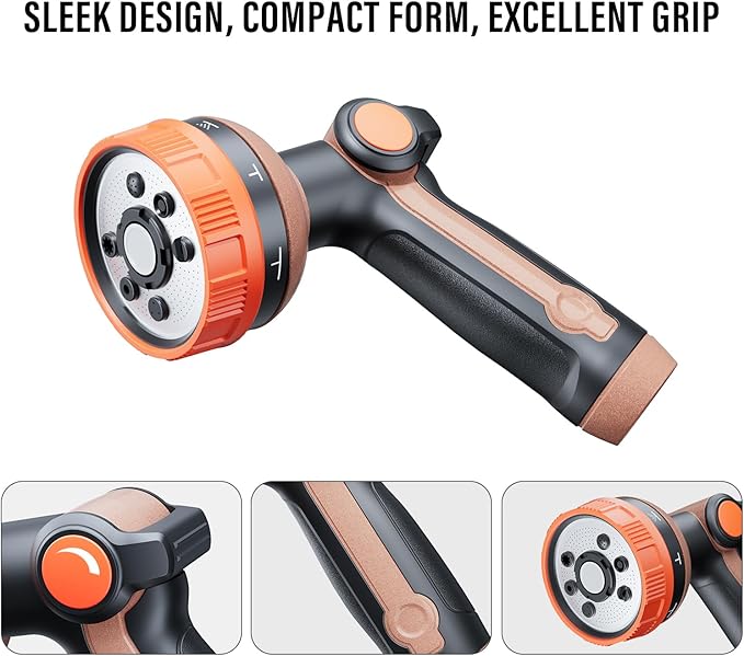 Heavy Duty Garden Hose Spray Nozzle, Metal Water Hose Nozzle with 8 Spray Patterns, Hose Nozzle with Thumb Control On Off Valve for Lawn Watering, Car Washing, Pets Showering