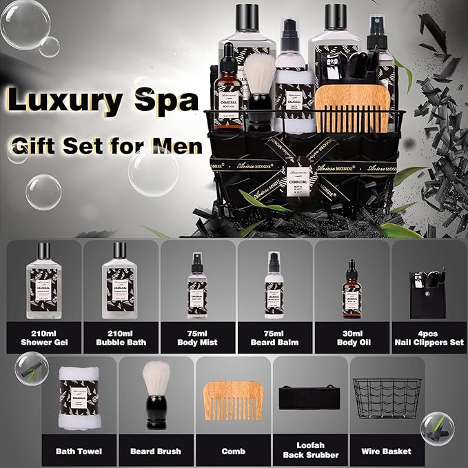 Father Day Gift for Men Spa Gifts for Men, Charcoal Bath and Body Gift Set for Men, 10 Pcs Spa Kits Ideal Birthday, Christmas. Men's Relaxation Bath Baskets, Self Care Kit