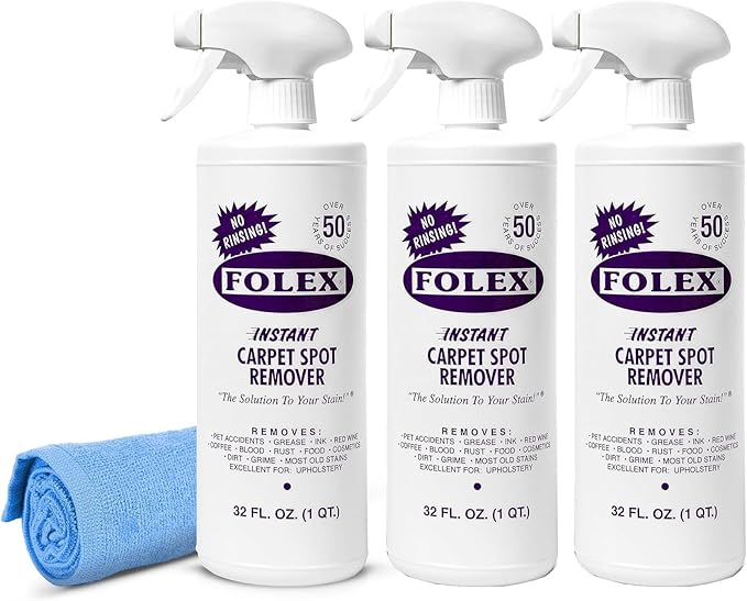 FOLEX Instant Carpet Spot Remover 32 oz – Powerful Stain Remover for Carpets, Upholstery & Rugs – Eliminates Pet Stains, Grease, Red Wine, Food, Makeup & More – With Reusable Cleaning Cloth – 3 Pack