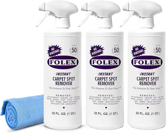 FOLEX Instant Carpet Spot Remover 32 oz – Powerful Stain Remover for Carpets, Upholstery & Rugs – Eliminates Pet Stains, Grease, Red Wine, Food, Makeup & More – With Reusable Cleaning Cloth – 3 Pack