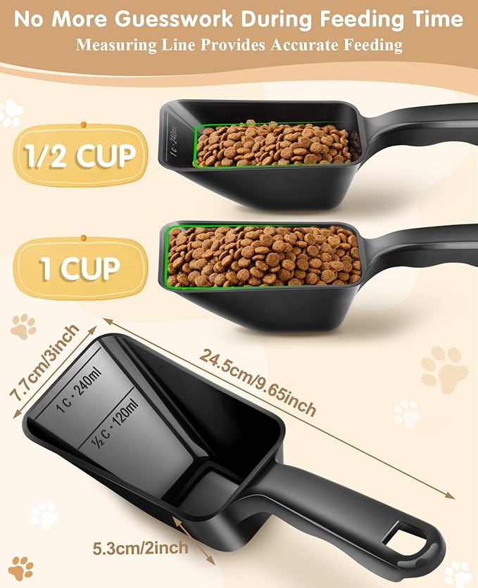 2-Pack Dog Food Scoop 1 Cup, Plastic Pet Food Measuring Scoop With Measuring Lines (1/2 & 1 Cup Markings) for Dogs, Cats, Fish, Bird（Black and Green)