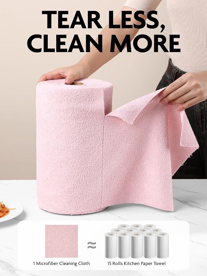 Fantasticlean Microfiber Cleaning Cloth Roll -150 Pack, Tear Away Microfiber Towels, 12" x 12", Reusable, Washable, Ultra Absorbent Dishcloth for Home Supplies, Car, Pet, Kitchen (Pink & Lavender)
