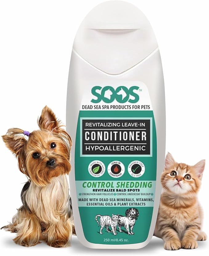 Soos Pets Pet Conditioner Natural Dead Sea Hypoaller-genic Revitalizing Leave-In Deeply Absorbing with Vitamins Essential Oils Natural Elements for Dogs and Cats - 1x Pet Conditioner (250ml / 8.45 oz)