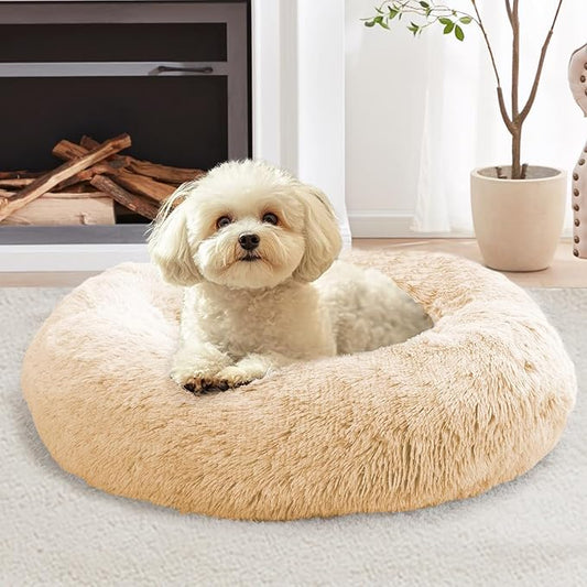 JOLLYVOGUE Small Dog & Cat Beds for Indoor Cats, Donut Cuddler Warming Soft Dog Beds with Anti-Slip Bottom, Round Calming Fluffy Plush Faux Fur Cushion Bed for Small Dogs (20", Off White)
