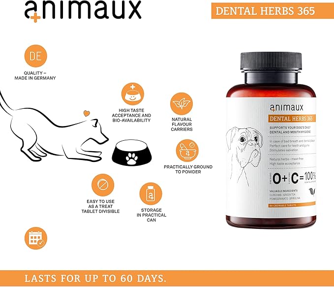 animaux Dental Herbs 365 – Herbal Dog Supplement, Supports Teeth Cleaning, Oral Care & Mouth Hygiene, Breath Freshener, Treats for Prevention of Plaque & Tartar, 60 chewable Tablets, 60 Days Supply