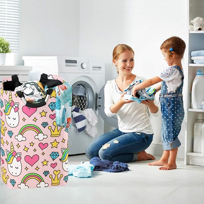 visesunny Cute Unicorn Princess Heart Rainbow Large Capacity Laundry Hamper Basket Water-Resistant Oxford Cloth Storage Baskets for Bedroom, Bathroom, Dorm, Kids Room