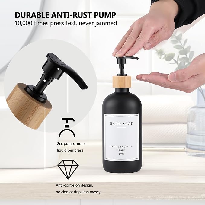 Black Glass Soap Dispenser - Hand Dish Soap Dispenser Set for Kitchen with Sturdy Pump and Tray, 14 Waterproof Labels, Bathroom Refillable Soap Lotion Dispenser-Black