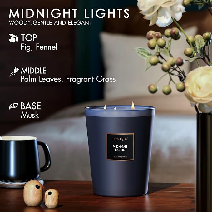 HomeLights Highly Scented Soy Candles Big 33.3 oz for Home. 3 Cotton Wicks, Smokeless Long Lasting 130 hrs in Midnight Lights. 5x6, Great Gift for Women & Men