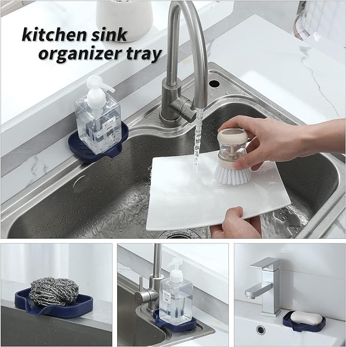 Silicone Bathroom Soap Dishes with Drain Spout-Kitchen Sink Organizer,Sponge Holder,Dish Soap Tray,Perfect for Dispenser,Scrubber,Bottle,Cup on Sink or Counter-Navy Blue 4.9"×3.2"