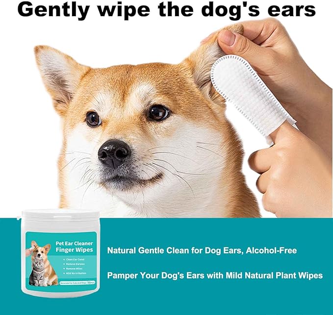 Ear Finger Wipes for Dogs & Cats,Dog Ear Cleaner Wipes Gently Remove Ear Wax, Debris, Natural Ingredients & Fresh Coconut Scent - 50 Count