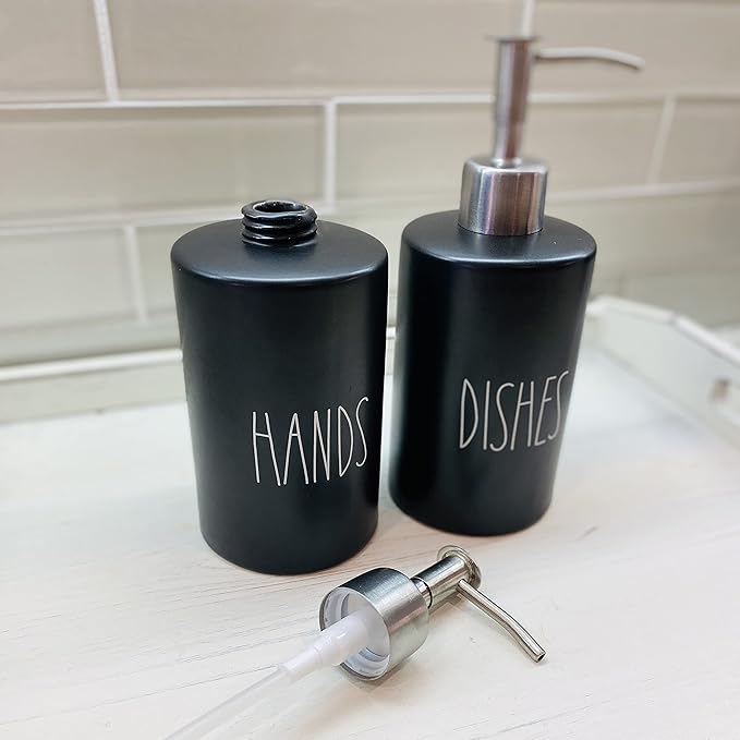 Modern Farmhouse Ceramic Dishes and Hands Soap Dispenser Set for Kitchen | Stainless Steel Pumps | 14oz, Black Bottles | Kitchen Décor for Counter