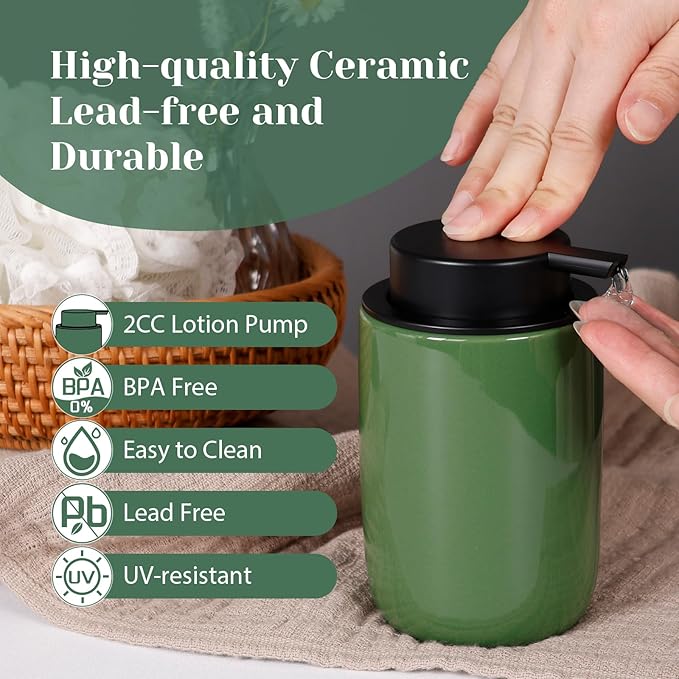 INGOFIN Ceramic Lotion Soap Dispenser Set, 2 Pack (12 oz) Bathroom Hand Soap Dispenser with Pump, Liquid Hand and Dish Soap Dispenser Set, 4 Pcs Clear Stickers, for Kitchen, Bathroom-Olive Green
