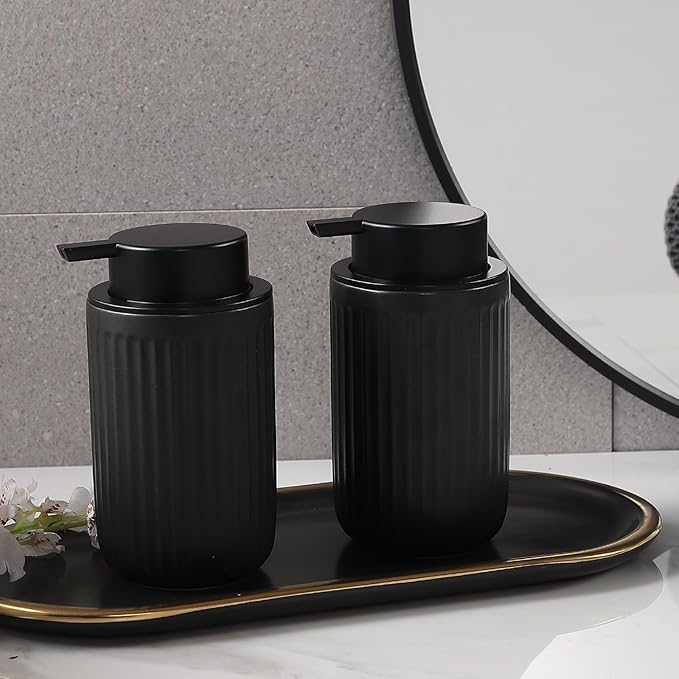 Black Soap Dispenser Set- Modern Ceramic Hand Dish Soap Dispenser for Bathroom Refillable Liquid Hand Soap Dispenser with Soap Pump for Lotion Soap for Farmhouse Kitchen Decor Dish 2 Pack