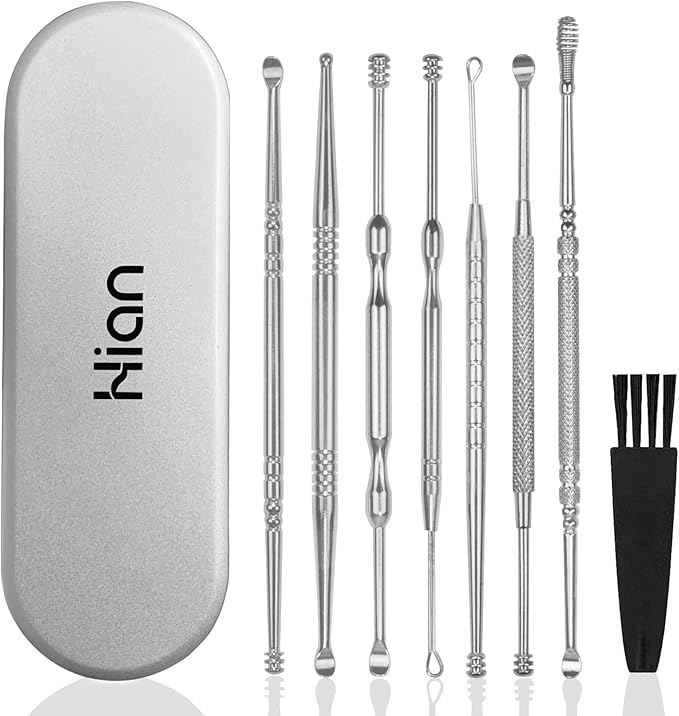 Hion 8 Pcs Ear Wax Removal Kit,Professional Double-Headed Ear Pick Earwax Removal Tools,316L Stainless Steel Ear Cleaner Curette with Cleaning Brush and Storage Box,Suit for Kid Adult(Silver)
