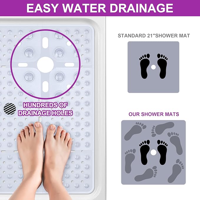 Reetual XL Shower Mat Non Slip - 27x27 Bath Mat for Shower Stall or Large Bathtub Mat with 240 Powerful Suction Cups and Drain Holes. Black Shower Mats for Bathroom (Clear Mat)