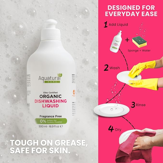 Organic Dishwashing Liquid - Natural Dish Washing Liquids Cleaner - Kitchen Unscented Dish Soap Liquid - Gentle Dishwash for Sensitive Skin - Plant-Based & Fragrance Free (16.9 fl oz)