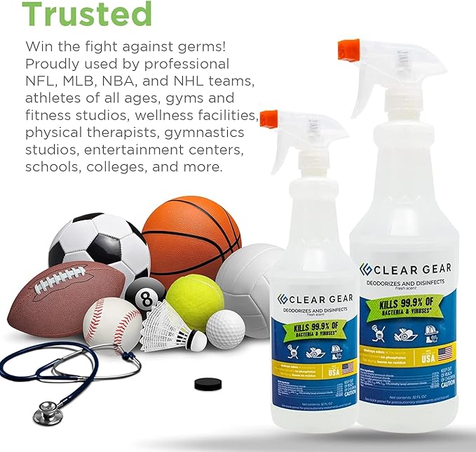 Clear Gear Gym Disinfectant, Yoga Mat Cleaner, Deodorizer For Sports Equipment, Gyms, and Fitness Centers - Mixed Pack - 16 Oz and 32 Oz Bottle Hospital grade Disinfectant Spray Pack