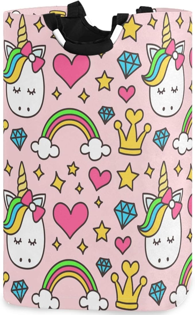 visesunny Cute Unicorn Princess Heart Rainbow Large Capacity Laundry Hamper Basket Water-Resistant Oxford Cloth Storage Baskets for Bedroom, Bathroom, Dorm, Kids Room