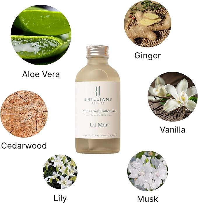 Brilliant Scents La Mar Fragrance Oil 200ml - Premium Diffuser Oil for Home, Office, Hotels - Long Lasting, Plant-Based, Meets IFRA Standards, USA-Made - White Tea, Ginger, Musk