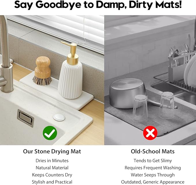 2 Pack Diatomite Stone Sink Tray, Water Absorbing Mat for Kitchen & Bathroom Counter, Quick Dry Soap Dish Makeup Vanity Caddy,Sponge Holder Organizer, White - 2pcs of 9"x 3.5"