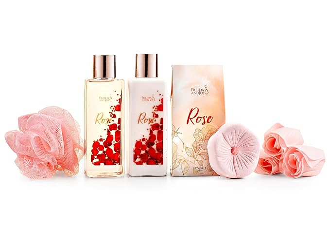 Freida & Joe Elegant 9-Piece Bath Set in High Heel Shoe – Luxurious Spa Gift Basket for Women, Includes Shower Gel, Body Lotion, Bath Salts, Soap Flowers, Bath Fizzer & Sponge (Rose)