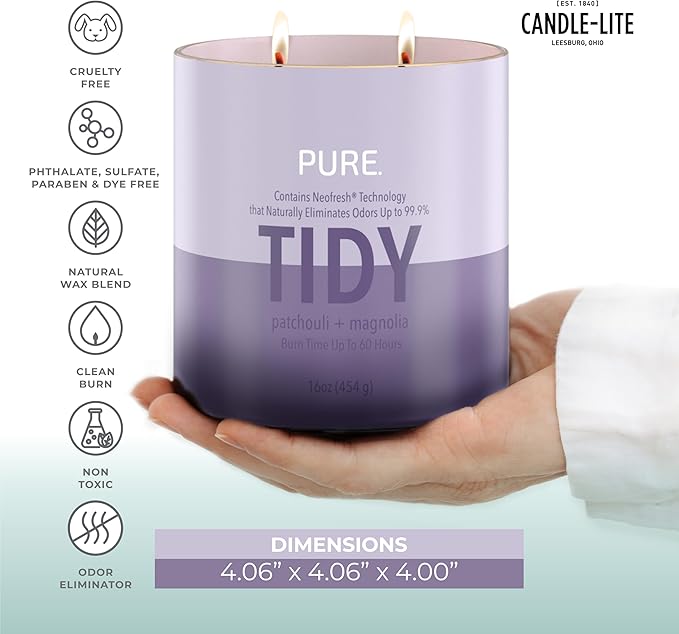Candle-Lite Pure Patchouli & Magnolia Odor Eliminating Scented Candles, Neofresh Technology Eliminates 99.9% of Odors, 16 oz 2-Wick Jar, Proudly Poured in The USA, Up to 60 Hours Burn Time