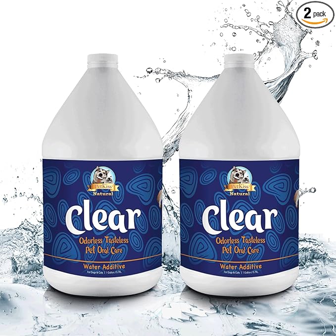 Pet Kiss Clear Odorless Pet Dental Care Solution – Water Additive for Dogs & Cats - Tartar & Plaque Remover, No-Brush Pet Oral Care – Dog & Cat Dental Health - Gallon (Pack of 2)