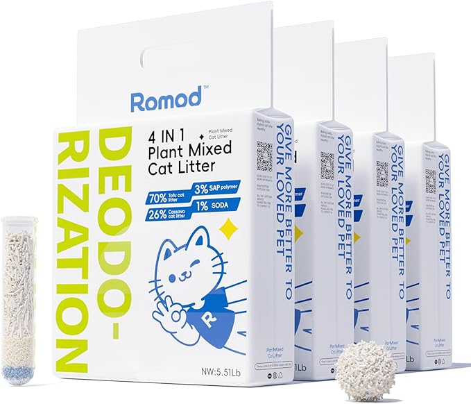 4-in-1 Tofu Cat Litter, Mixed Cassava, Baking Soda, SAP, Natural Plant, Fast Clumping, Strong Water Adsorption & Deodorization, No Tracking, Dust-Free, Flushable, (5.5lb x 4bags)