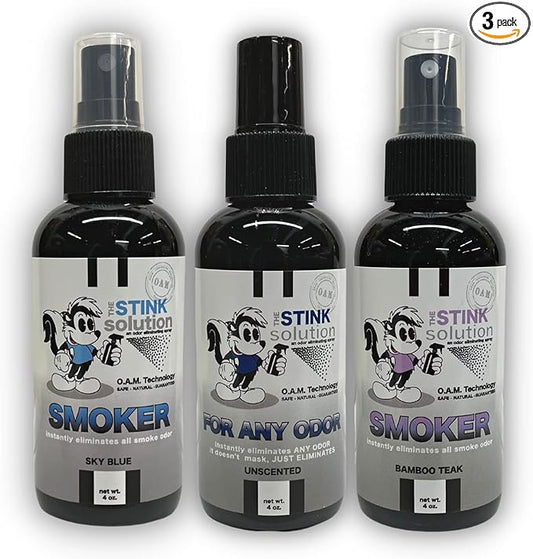 The Stink Solution Smoke Odor Eliminator Spray - Completely Remove Smoke Smell From House, Car, Clothes, Hair, & More - Best Odor Eliminator For Smoke - Bamboo Teak, Sky Blue, & Unscented 4 oz Bottles